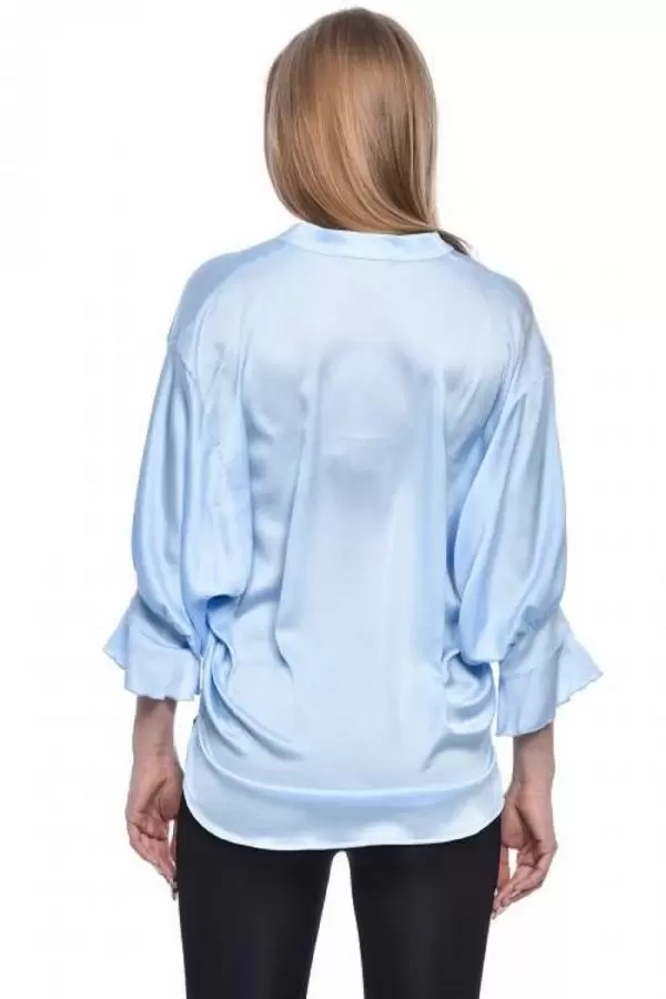 Uzun Kollu Volenli ve Biyeli Bebe Mavi Kadın Bluz