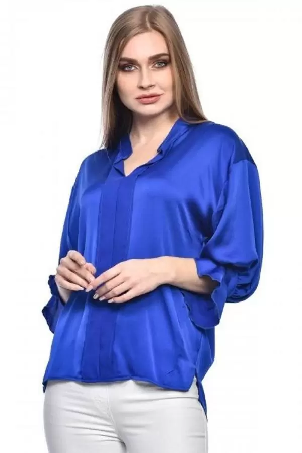 Uzun Kollu Volenli ve Biyeli Saks Kadın Bluz