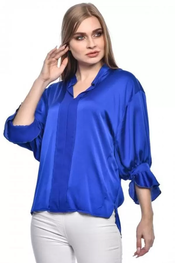 Uzun Kollu Volenli ve Biyeli Saks Kadın Bluz