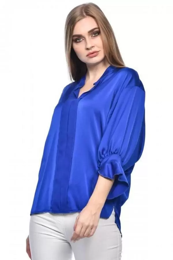 Uzun Kollu Volenli ve Biyeli Saks Kadın Bluz