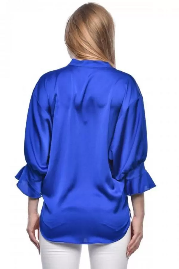 Uzun Kollu Volenli ve Biyeli Saks Kadın Bluz