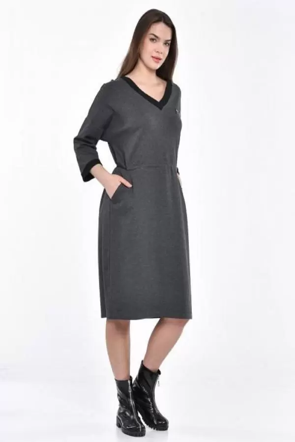 V Triko Yaka Deri Bağcıklı Füme Kadın Elbise