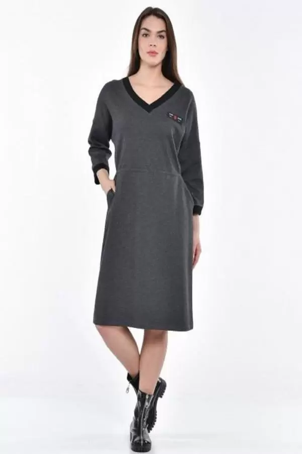 V Triko Yaka Deri Bağcıklı Füme Kadın Elbise