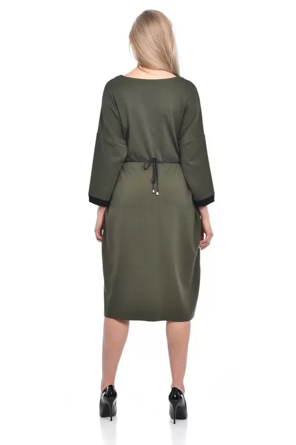 V Triko Yaka Deri Bağcıklı Haki Kadın Elbise