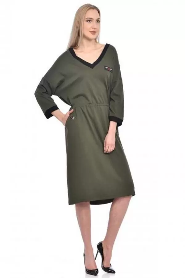 V Triko Yaka Deri Bağcıklı Haki Kadın Elbise