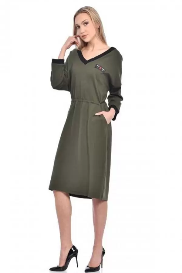 V Triko Yaka Deri Bağcıklı Haki Kadın Elbise