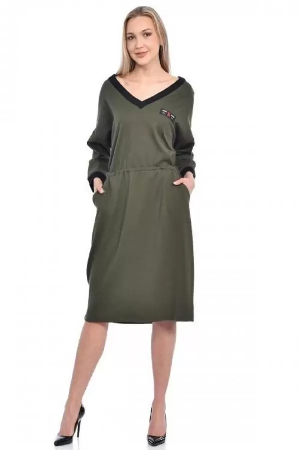V Triko Yaka Deri Bağcıklı Haki Kadın Elbise