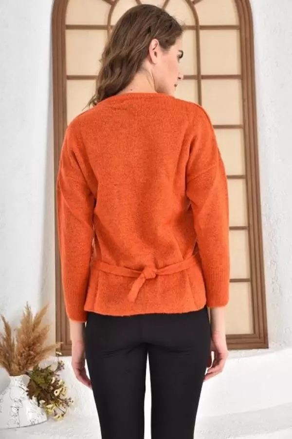 V Yaka Bağlamalı Kiremit Kısa Yünlü Kadın Kazak