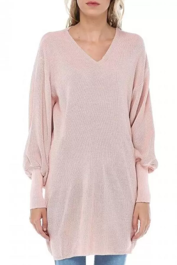 V Yaka Balon Kol Basic Somon Triko Kadın Tunik
