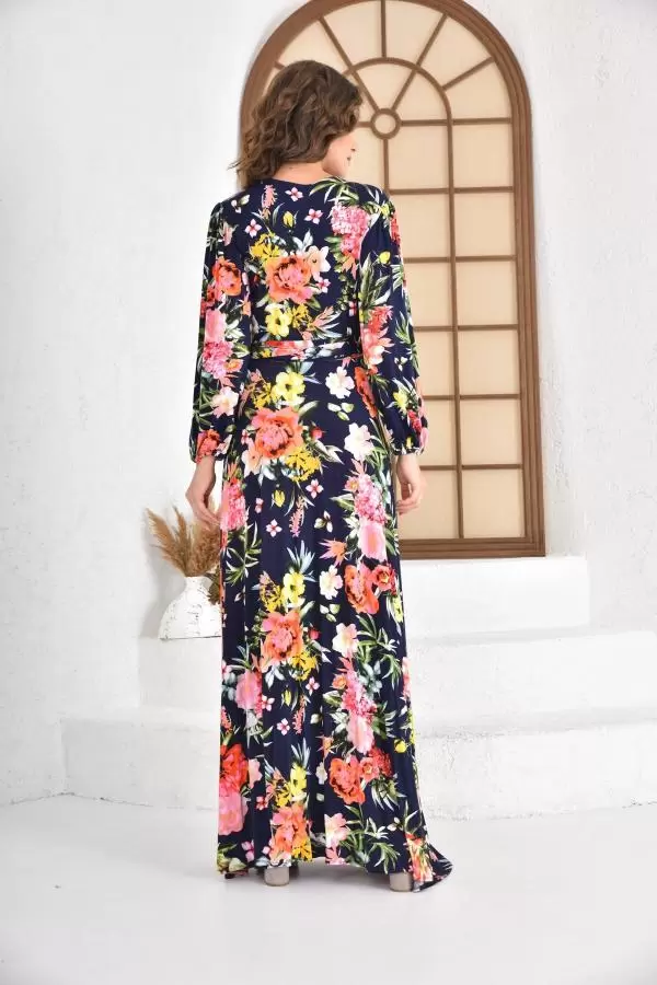 V Yaka Çiçekli Uzun Lacivert Kadın Elbise