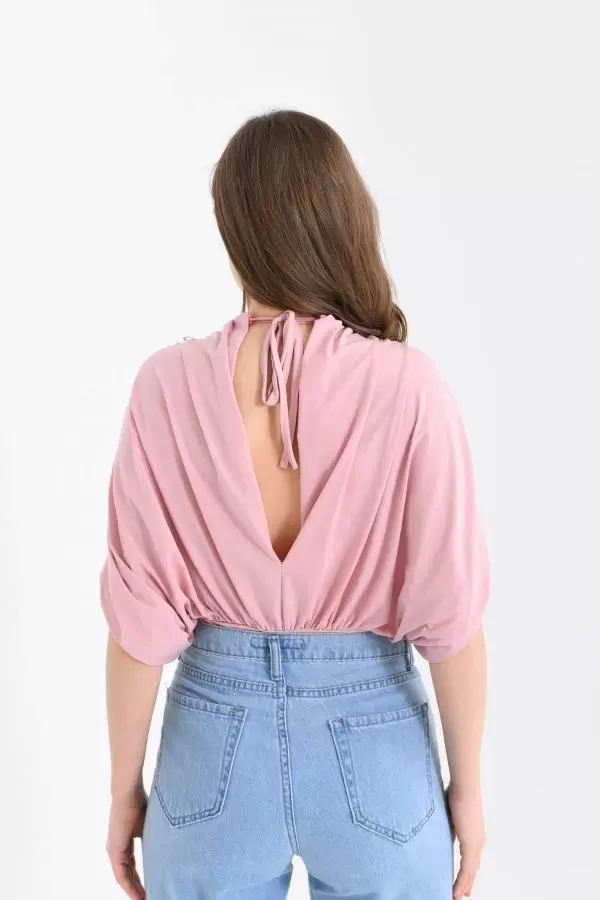 V Yaka Derin Sırt Detaylı Pembe Kadın Bodysuit