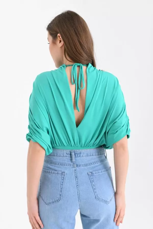 V Yaka Derin Sırt Detaylı Yeşil Kadın Bodysuit