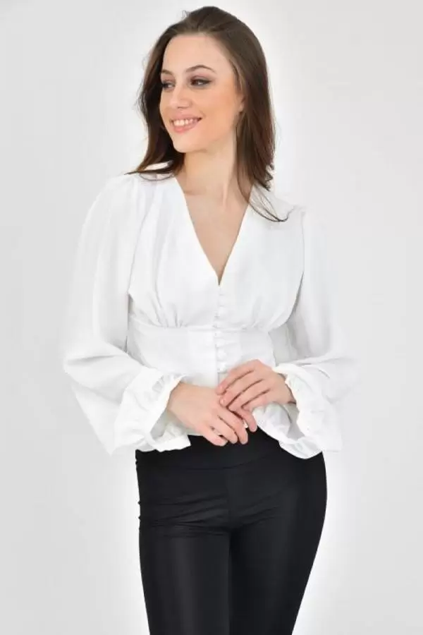 V Yaka Düğmeli Balon Kol Beyaz Kadın Bluz