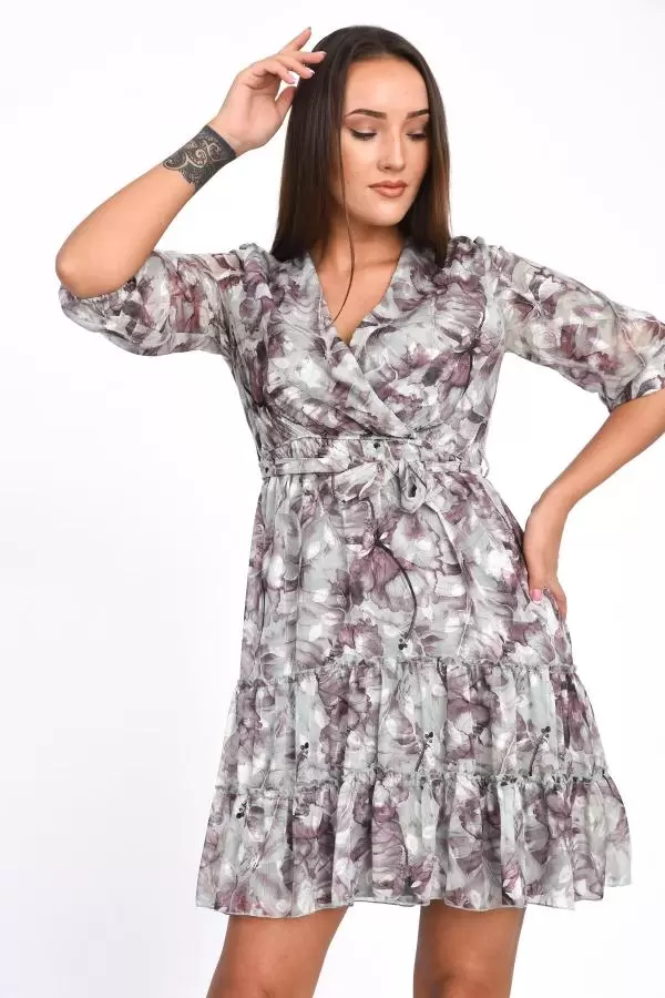 V Yaka Kısa Kol Çiçek ve Pileli Mor Kadın Elbise