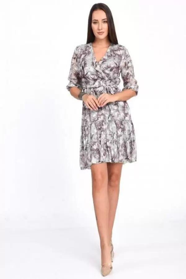 V Yaka Kısa Kol Çiçek ve Pileli Mor Kadın Elbise