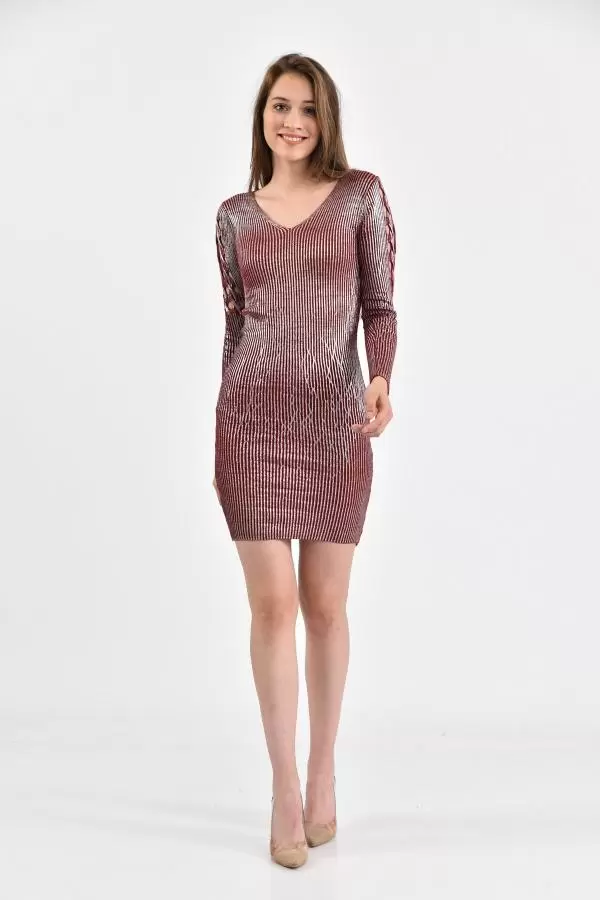 V Yaka Kol Detaylı Triko Kiremit Kadın Elbise