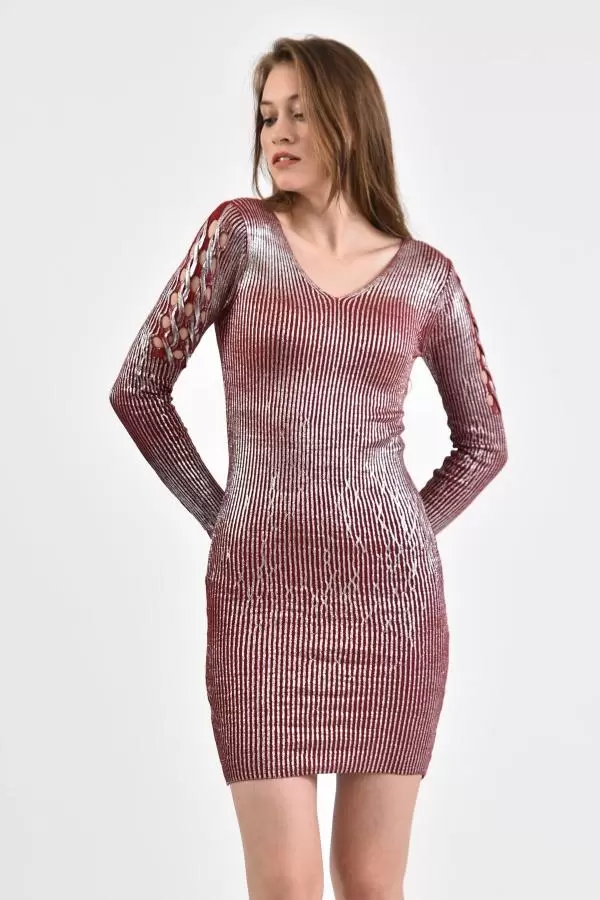 V Yaka Kol Detaylı Triko Kiremit Kadın Elbise