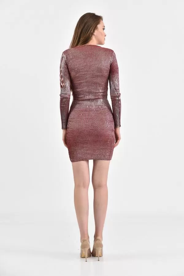 V Yaka Kol Detaylı Triko Kiremit Kadın Elbise