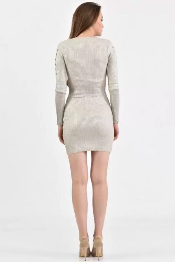 V Yaka Kol Detaylı Triko Taş Kadın Elbise