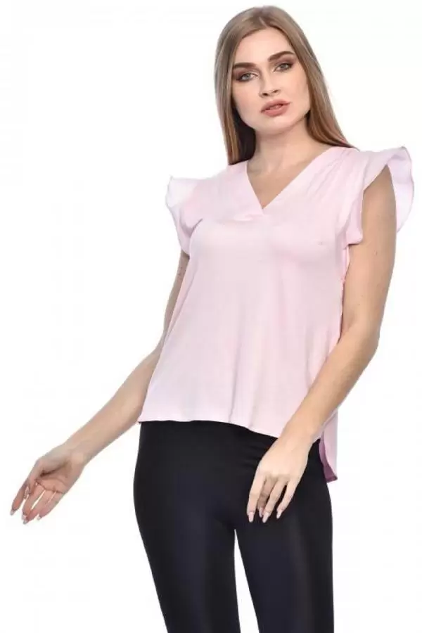 V Yaka Kolsuz Omuz Detaylı Pudra Kadın Bluz