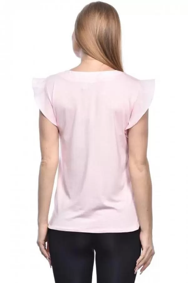 V Yaka Kolsuz Omuz Detaylı Pudra Kadın Bluz