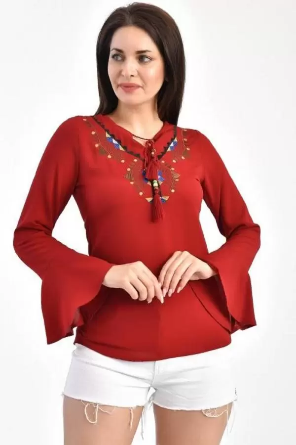V Yaka Nakışlı Volen Uzun Kollu Bordo Kadın Bluz