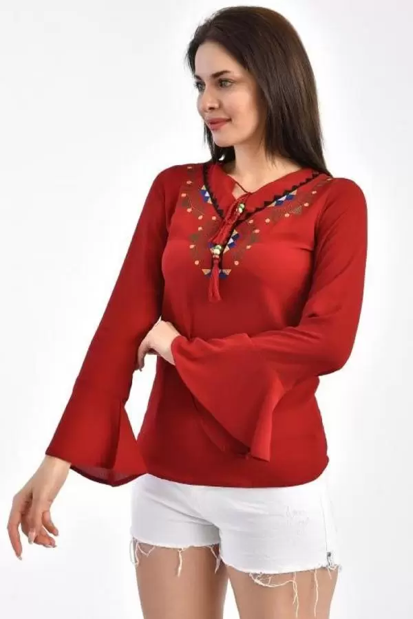 V Yaka Nakışlı Volen Uzun Kollu Bordo Kadın Bluz