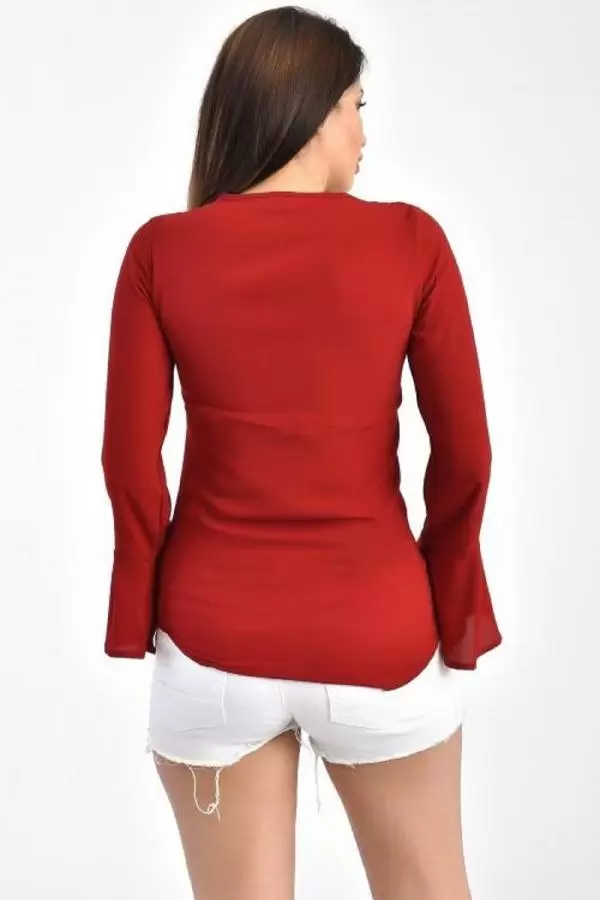 V Yaka Nakışlı Volen Uzun Kollu Bordo Kadın Bluz