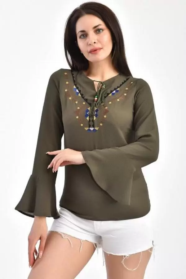 V Yaka Nakışlı Volen Uzun Kollu Haki Kadın Bluz