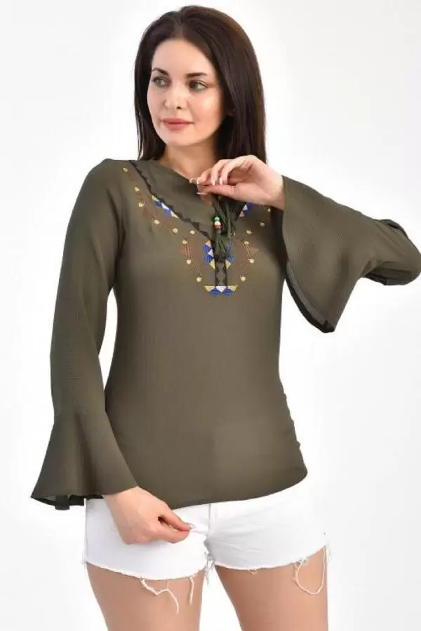 V Yaka Nakışlı Volen Uzun Kollu Haki Kadın Bluz