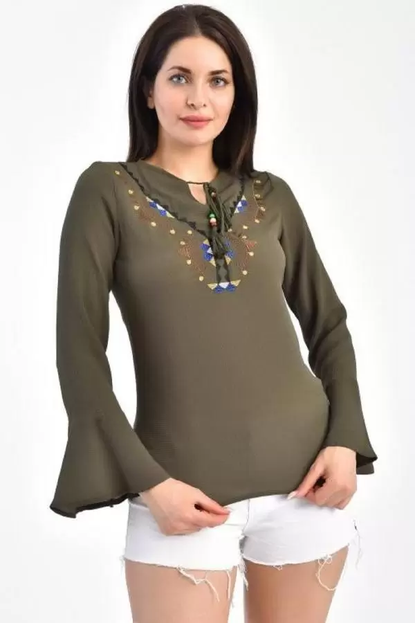 V Yaka Nakışlı Volen Uzun Kollu Haki Kadın Bluz
