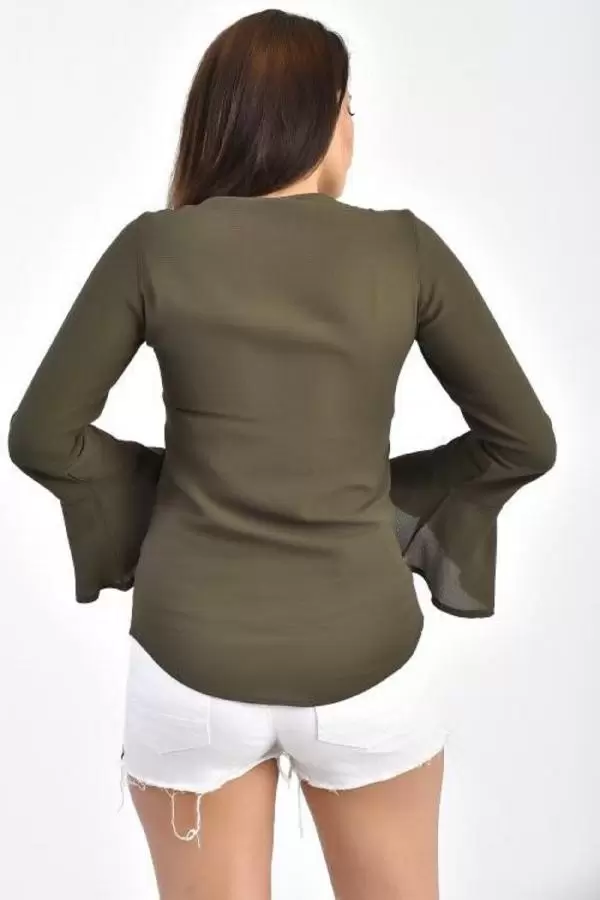 V Yaka Nakışlı Volen Uzun Kollu Haki Kadın Bluz