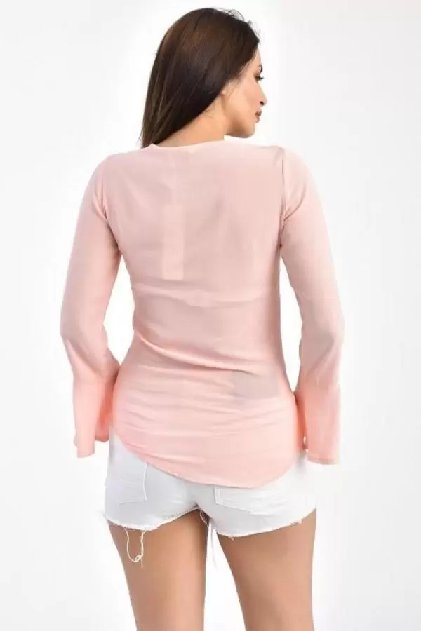 V Yaka Nakışlı Volen Uzun Kollu Pudra Kadın Bluz