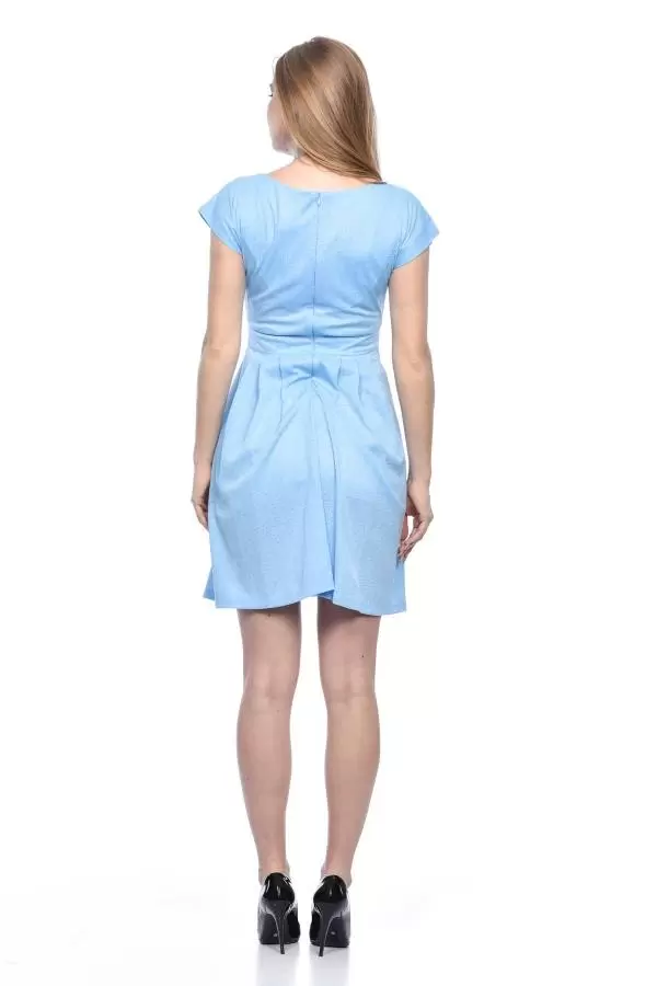 V Yaka Pile ve Takılı Astarlı Bebe Mavi Kadın Elbise