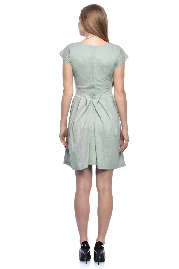 V Yaka Pile ve Takılı Astarlı Mint Yeşil Kadın Elbise