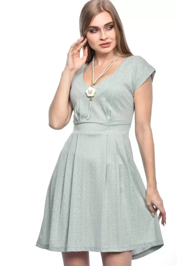V Yaka Pile ve Takılı Astarlı Mint Yeşil Kadın Elbise