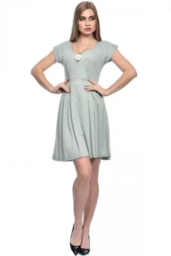 V Yaka Pile ve Takılı Astarlı Mint Yeşil Kadın Elbise