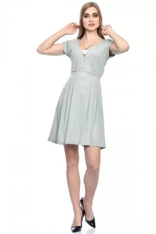 V Yaka Pile ve Takılı Astarlı Mint Yeşil Kadın Elbise