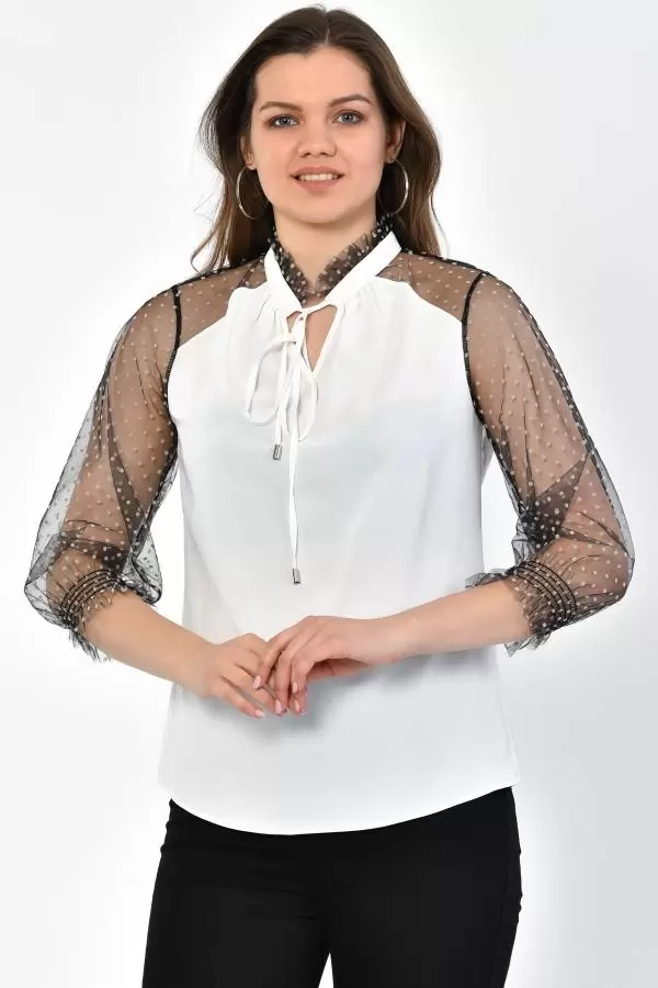 V Yaka Puantiyeli Uzun Kollu Beyaz Tül Kadın Bluz