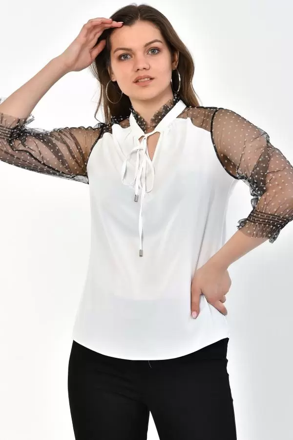 V Yaka Puantiyeli Uzun Kollu Beyaz Tül Kadın Bluz