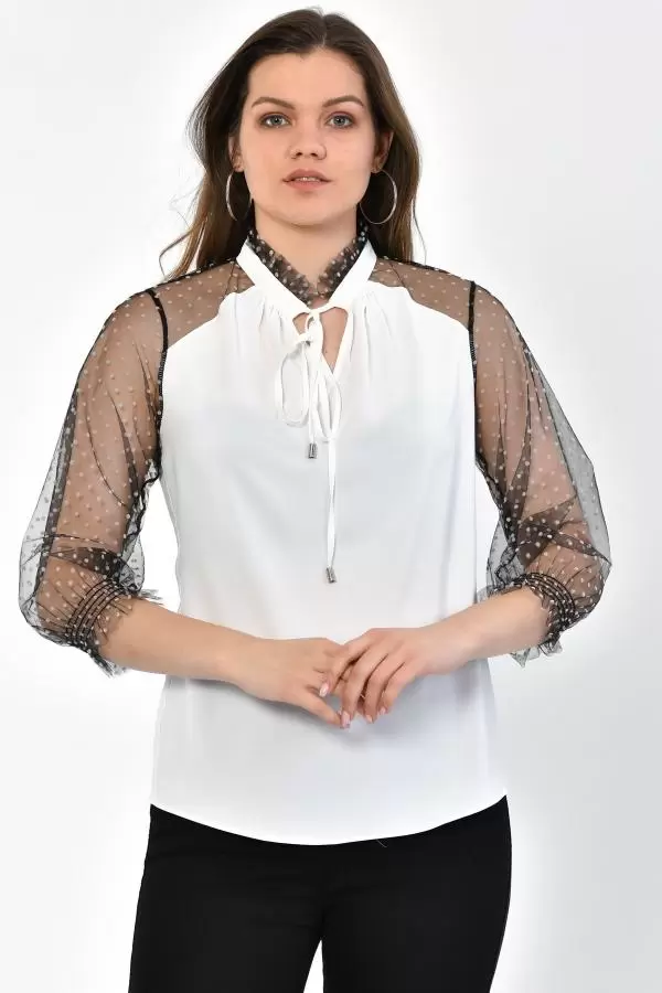 V Yaka Puantiyeli Uzun Kollu Beyaz Tül Kadın Bluz