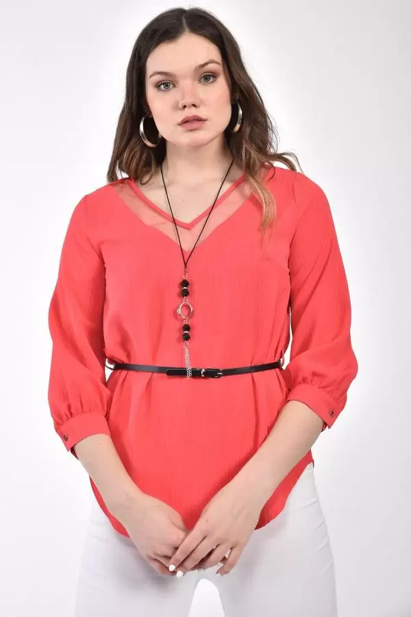 V Yaka Takı ve Kemerli Uzun Kollu Fuşya Kadın Bluz