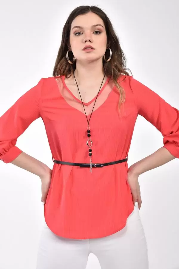 V Yaka Takı ve Kemerli Uzun Kollu Fuşya Kadın Bluz
