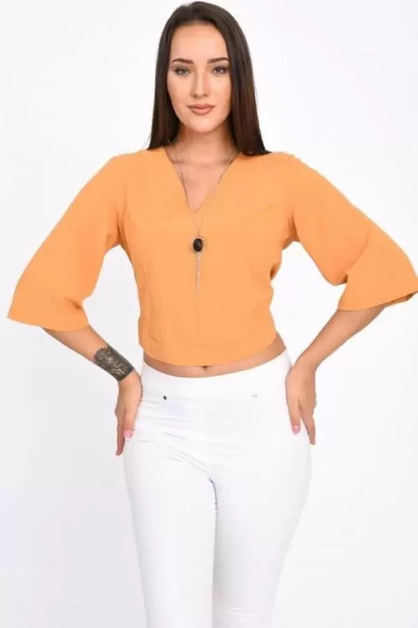 V Yaka Takı ve Sırt Detaylı Uzun kollu Hardal Kadın Bluz