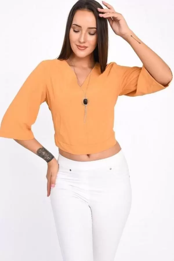 V Yaka Takı ve Sırt Detaylı Uzun kollu Hardal Kadın Bluz