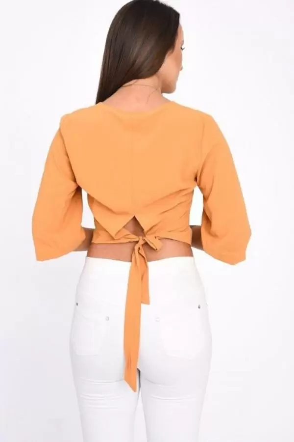 V Yaka Takı ve Sırt Detaylı Uzun kollu Hardal Kadın Bluz