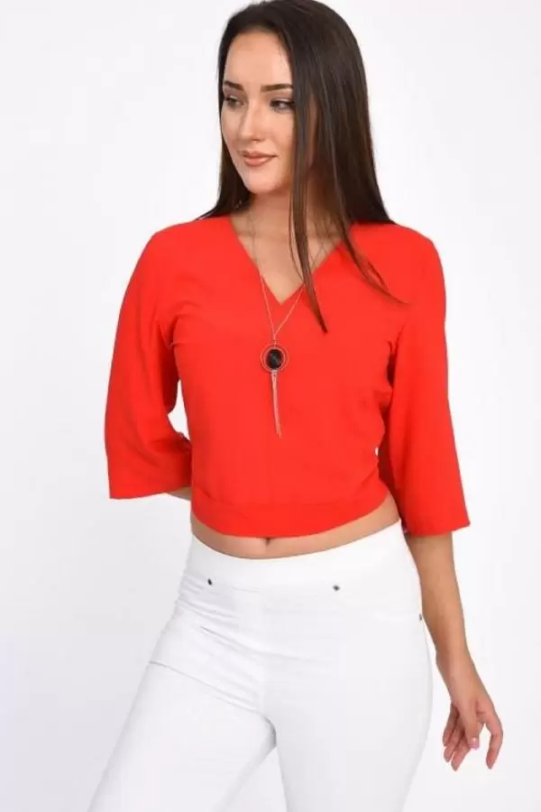 V Yaka Takı ve Sırt Detaylı Uzun kollu Kırmızı Kadın Bluz