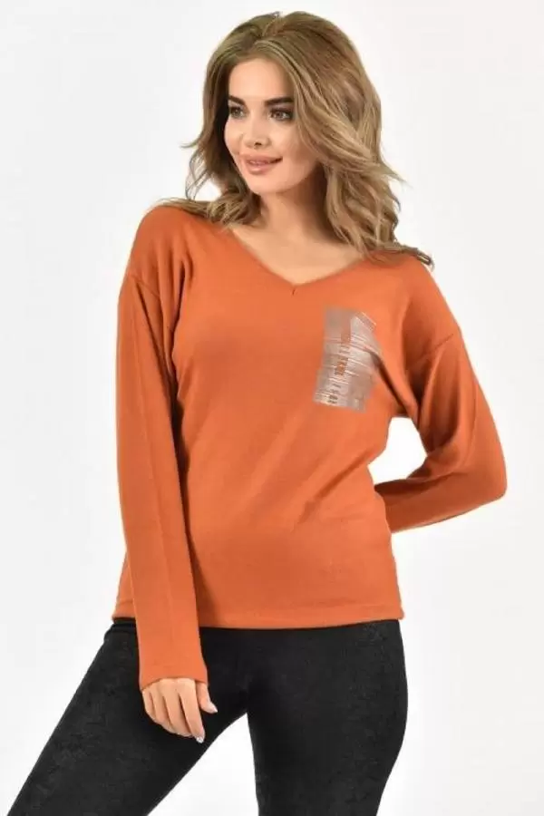 V Yaka Taşlı ve Uzun Kollu İnce Viskon Kiremit Kadın Bluz