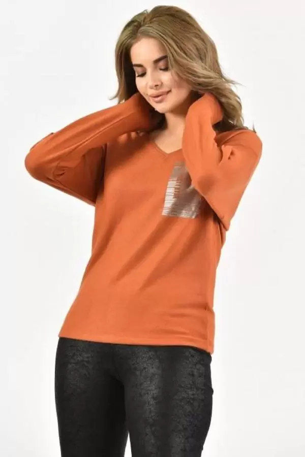 V Yaka Taşlı ve Uzun Kollu İnce Viskon Kiremit Kadın Bluz