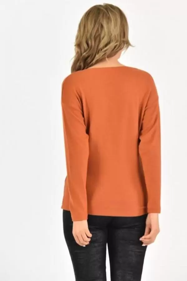 V Yaka Taşlı ve Uzun Kollu İnce Viskon Kiremit Kadın Bluz